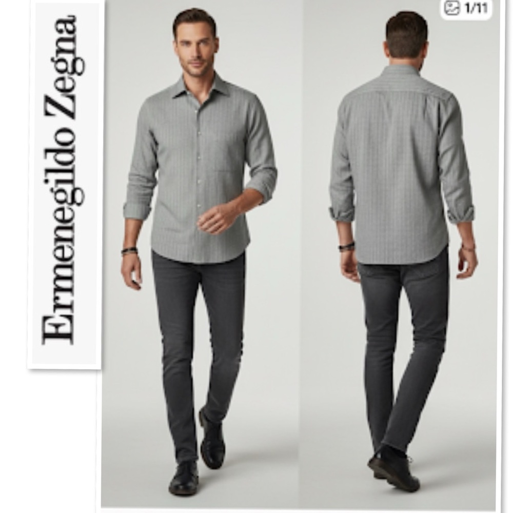 Ermenegildo Zegna Made In Italy Herringbone Cotton Sport Shirt In Gray Size M